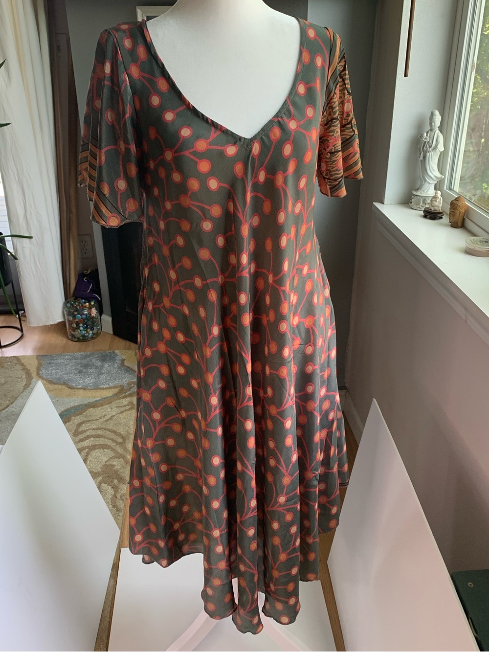 V-Neck Olive Dress with Coral Dot Vine Print
